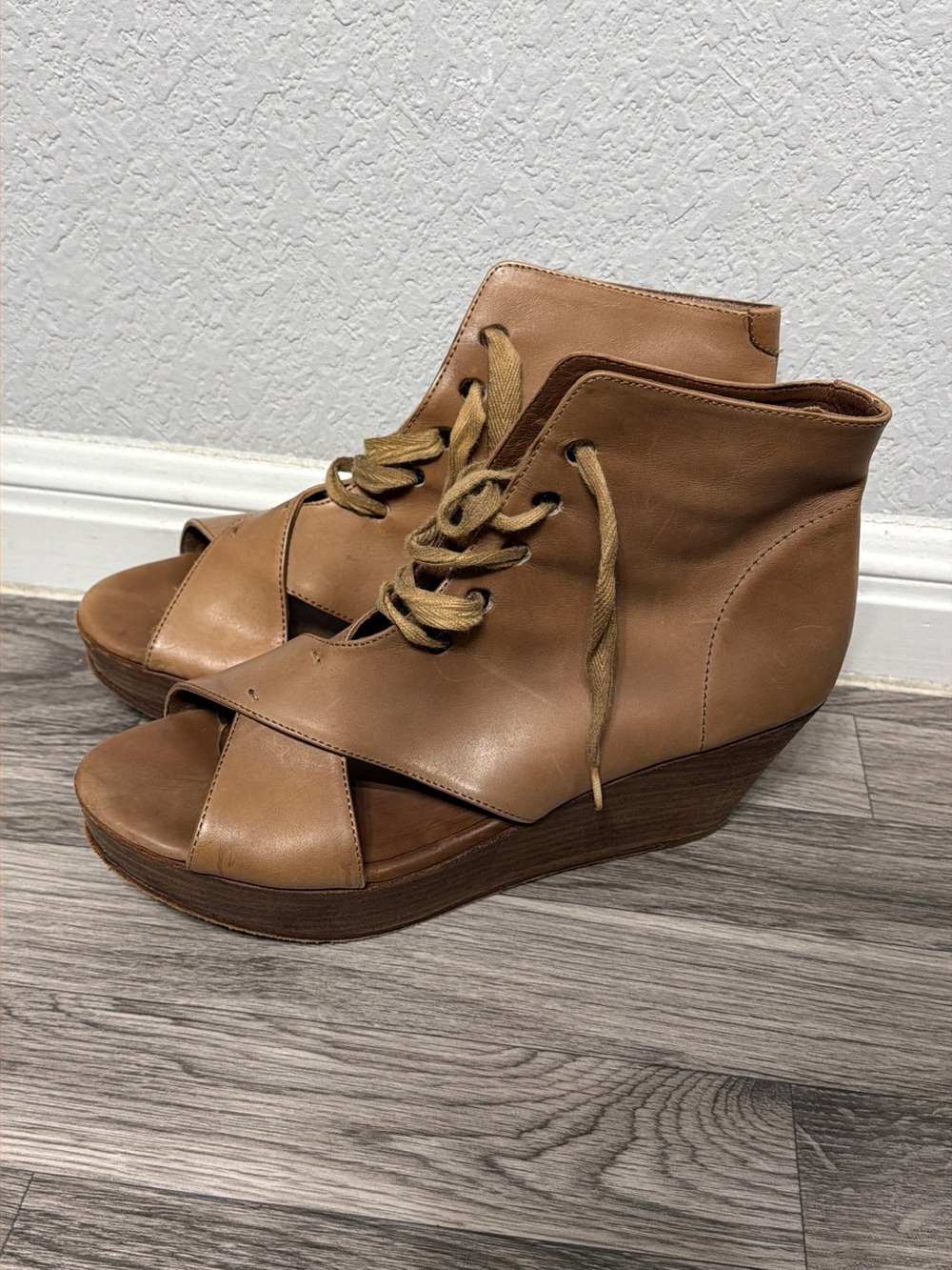 H By Hudson Tan Lace-Up Peep-Toe Wedge Sandals